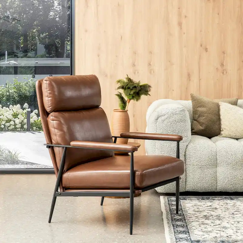 Fauteuil moderne du milieu du siècle à dossier haut en similicuir avec accoudoirs rembourrés, noir et marron