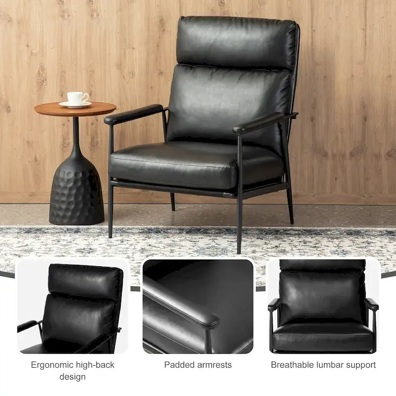 Fauteuil moderne du milieu du siècle à dossier haut en similicuir avec accoudoirs rembourrés, noir et marron