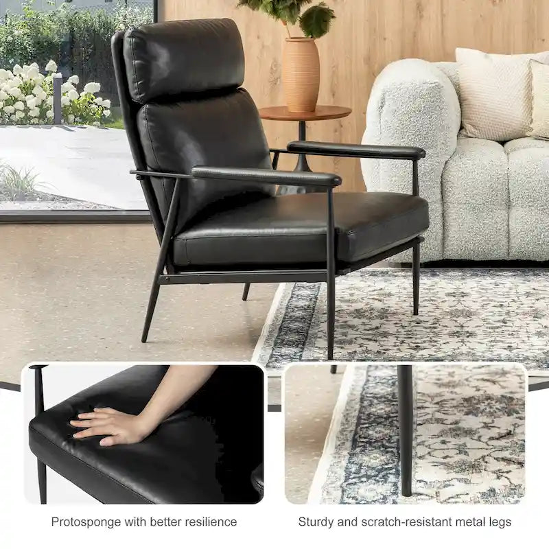 Fauteuil moderne du milieu du siècle à dossier haut en similicuir avec accoudoirs rembourrés, noir et marron