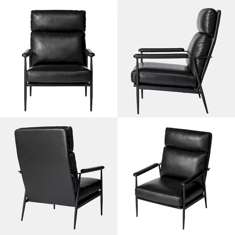 Fauteuil moderne du milieu du siècle à dossier haut en similicuir avec accoudoirs rembourrés, noir et marron