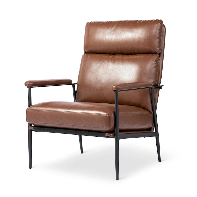 Fauteuil moderne du milieu du siècle à dossier haut en similicuir avec accoudoirs rembourrés, noir et marron