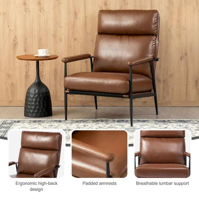Fauteuil moderne du milieu du siècle à dossier haut en similicuir avec accoudoirs rembourrés, noir et marron