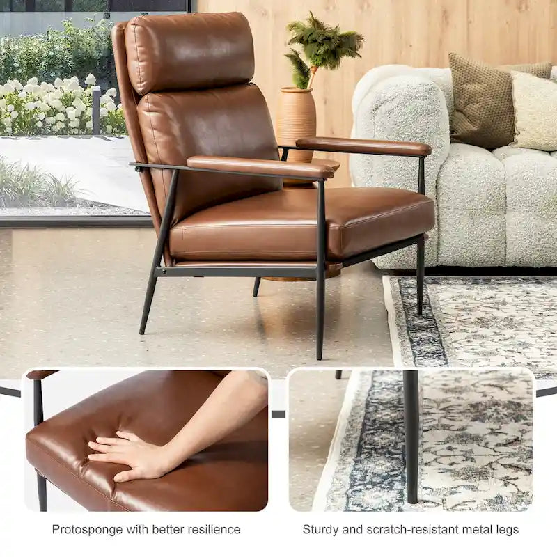 Fauteuil moderne du milieu du siècle à dossier haut en similicuir avec accoudoirs rembourrés, noir et marron