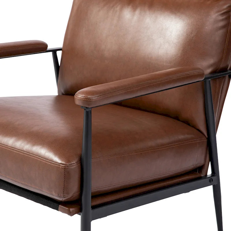 Fauteuil moderne du milieu du siècle à dossier haut en similicuir avec accoudoirs rembourrés, noir et marron