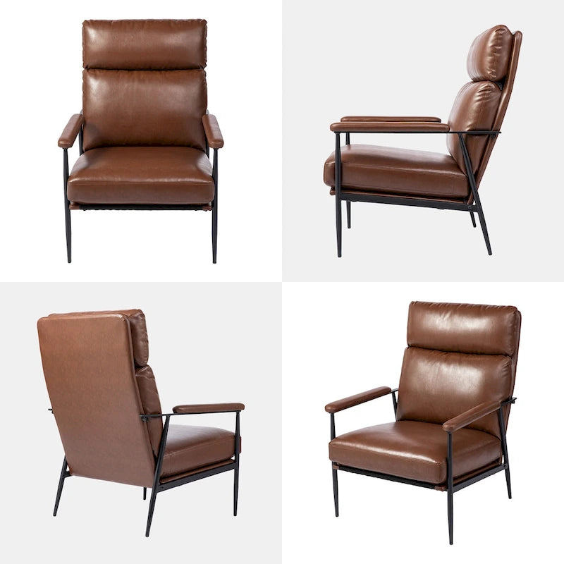 Fauteuil moderne du milieu du siècle à dossier haut en similicuir avec accoudoirs rembourrés, noir et marron