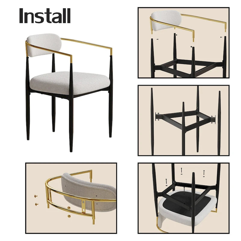 Chaise de salle à manger en velours Teddy crème avec accoudoirs dorés et pieds en métal noir