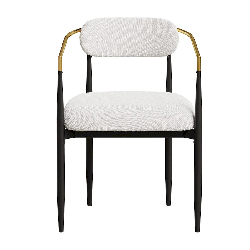 Chaise de salle à manger en velours Teddy crème avec accoudoirs dorés et pieds en métal noir