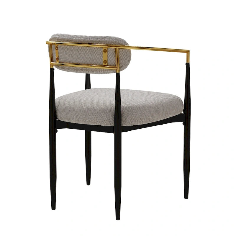 Chaise de salle à manger en velours Teddy crème avec accoudoirs dorés et pieds en métal noir