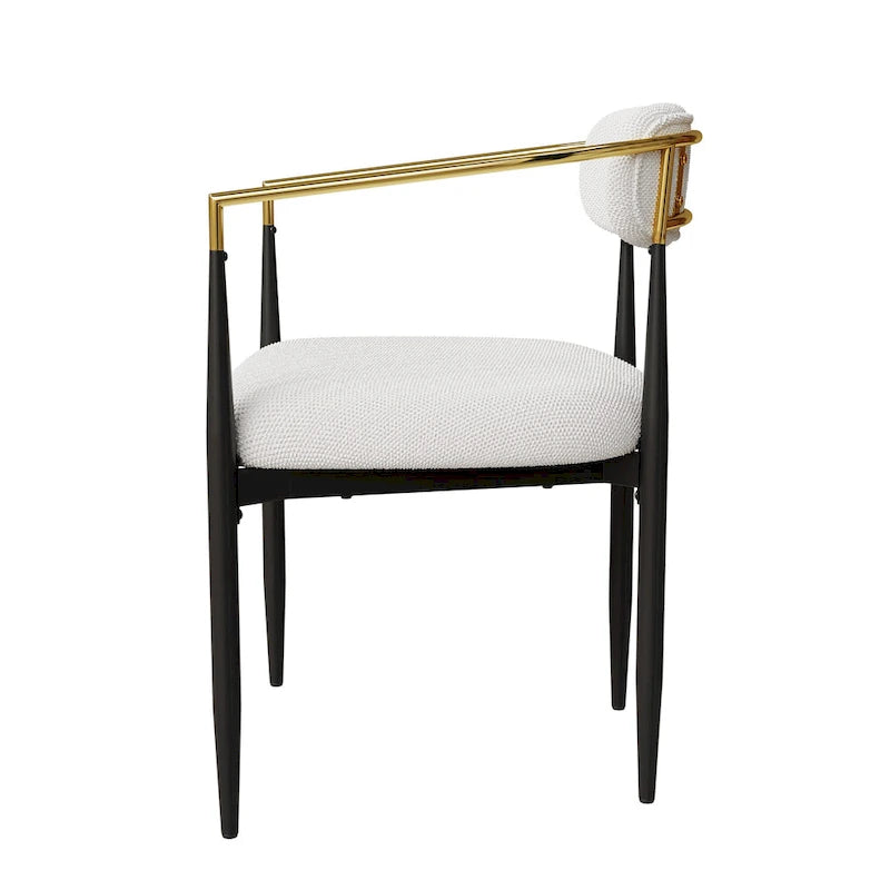 Chaise de salle à manger en velours Teddy crème avec accoudoirs dorés et pieds en métal noir