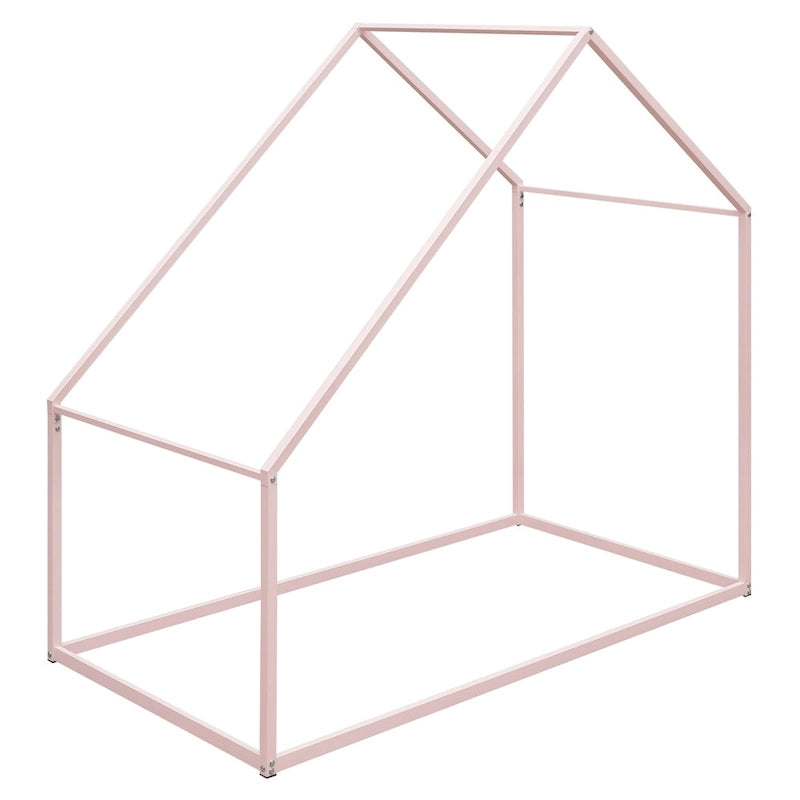 Lit au sol pour enfants en métal rose avec cadre de maison et baldaquin ouvert, sans lattes
