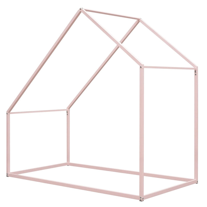 Lit au sol pour enfants en métal rose avec cadre de maison et baldaquin ouvert, sans lattes
