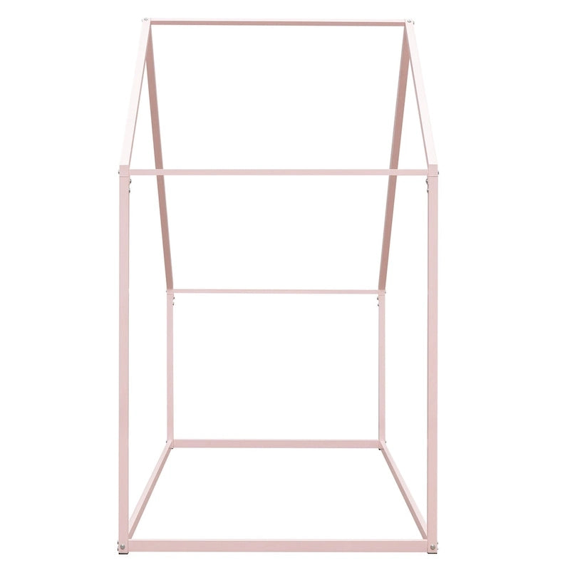Lit au sol pour enfants en métal rose avec cadre de maison et baldaquin ouvert, sans lattes