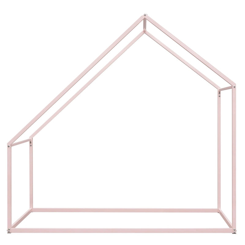 Lit au sol pour enfants en métal rose avec cadre de maison et baldaquin ouvert, sans lattes