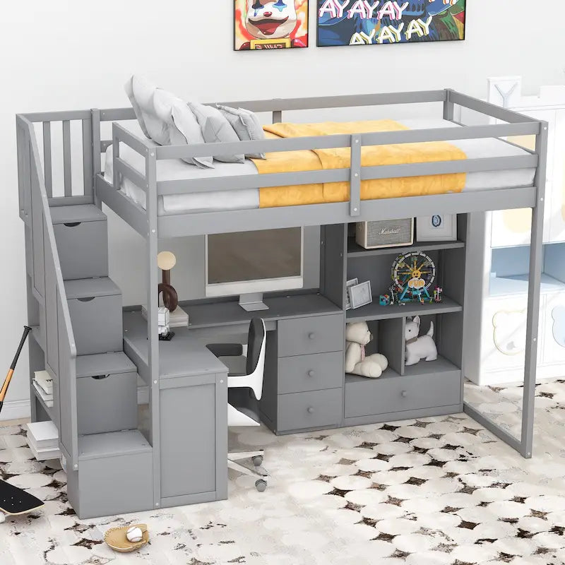 Lit mezzanine double avec bureau en L, tiroirs, armoire de rangement et escalier gris et blanc