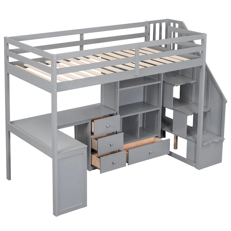 Lit mezzanine double avec bureau en L, tiroirs, armoire de rangement et escalier gris et blanc