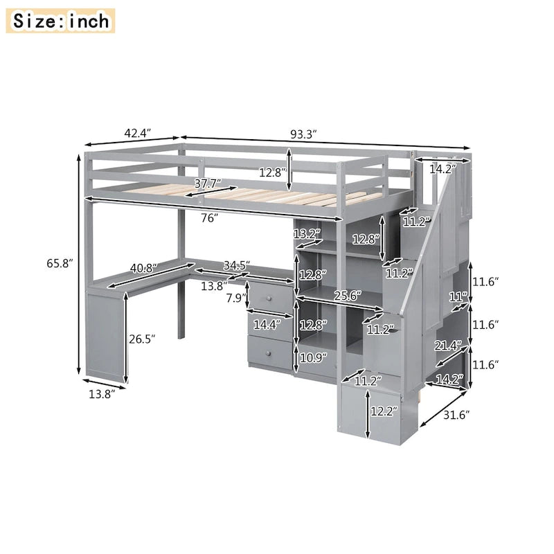 Lit mezzanine double avec bureau en L, tiroirs, armoire de rangement et escalier gris et blanc