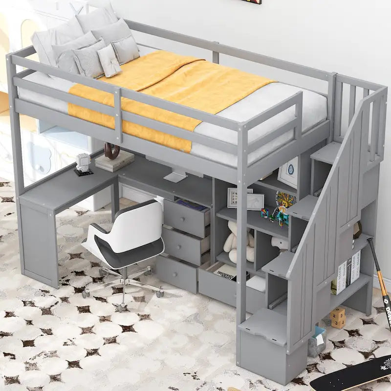 Lit mezzanine double avec bureau en L, tiroirs, armoire de rangement et escalier gris et blanc