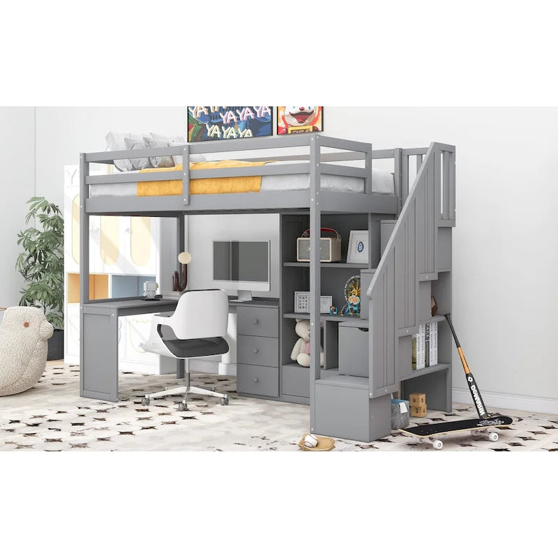 Lit mezzanine double avec bureau en L, tiroirs, armoire de rangement et escalier gris et blanc