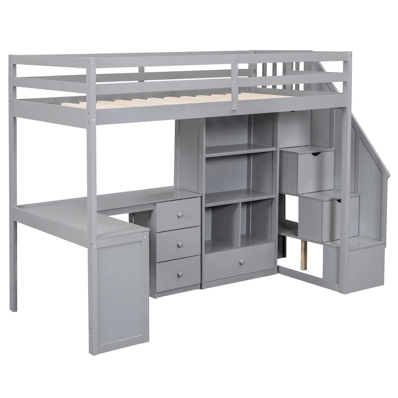 Lit mezzanine double avec bureau en L, tiroirs, armoire de rangement et escalier gris et blanc