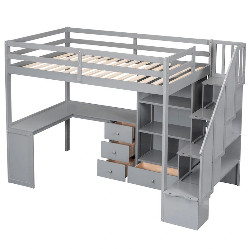 Lit mezzanine double avec bureau en L, tiroirs, armoire de rangement et escalier gris et blanc