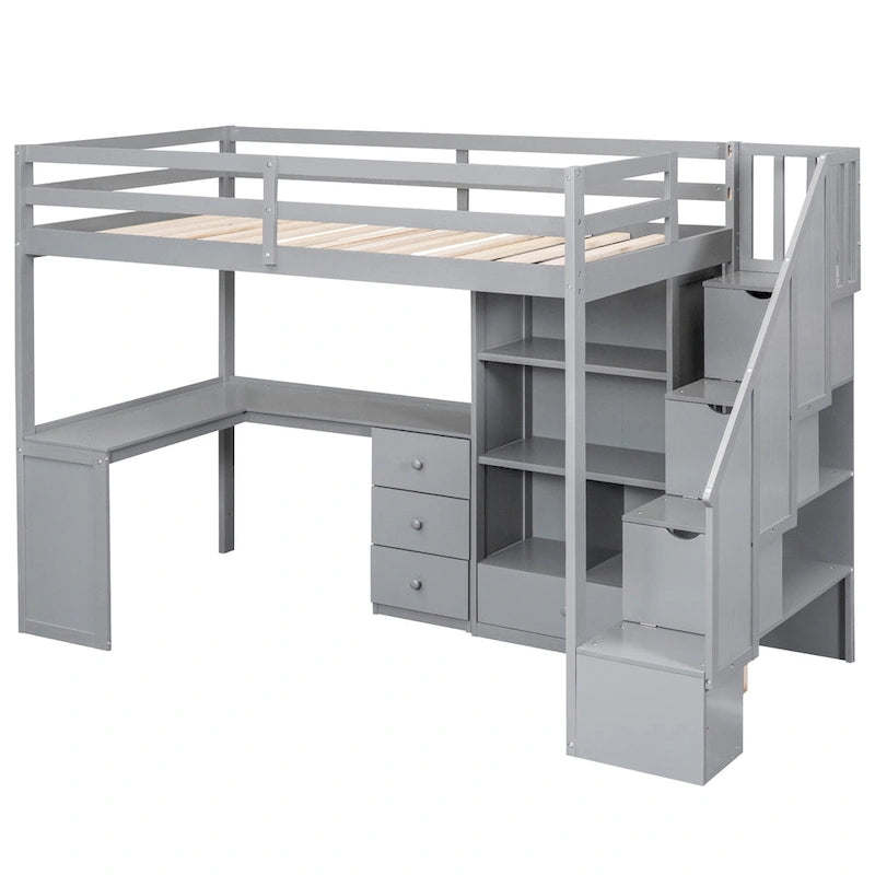 Lit mezzanine double avec bureau en L, tiroirs, armoire de rangement et escalier gris et blanc