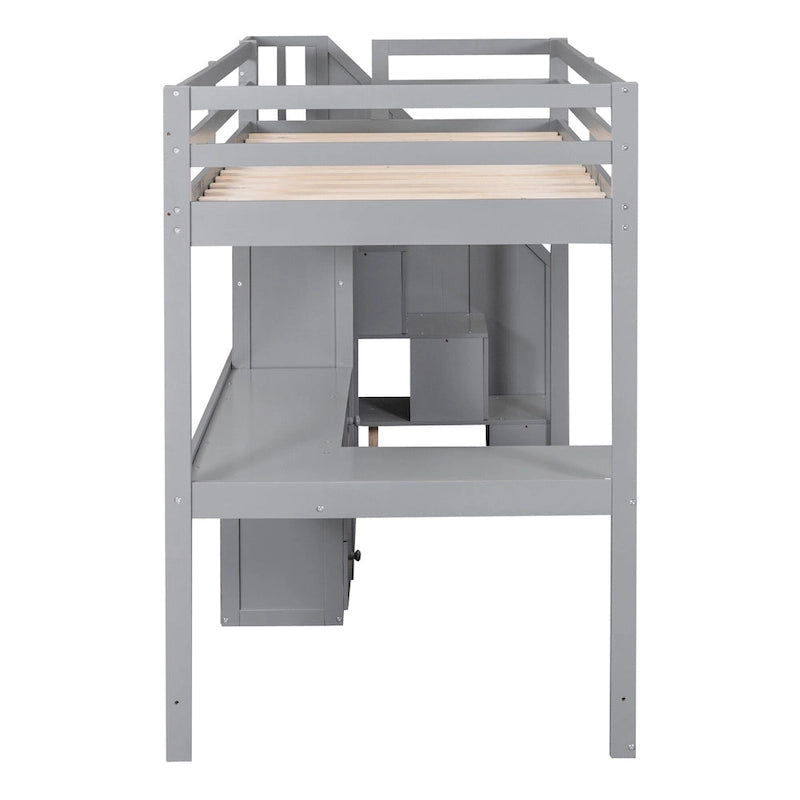 Lit mezzanine double avec bureau en L, tiroirs, armoire de rangement et escalier gris et blanc