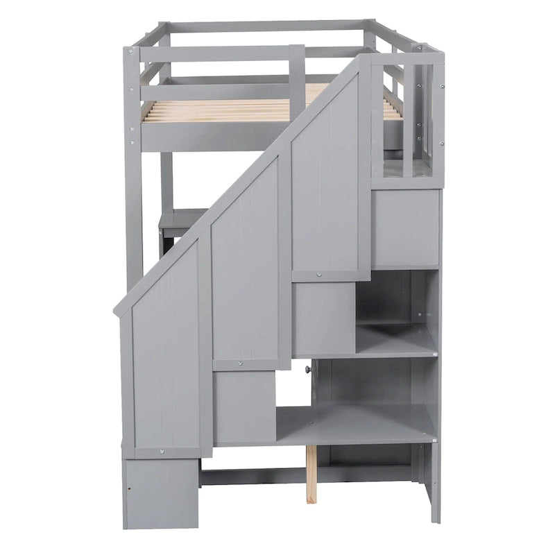 Lit mezzanine double avec bureau en L, tiroirs, armoire de rangement et escalier gris et blanc