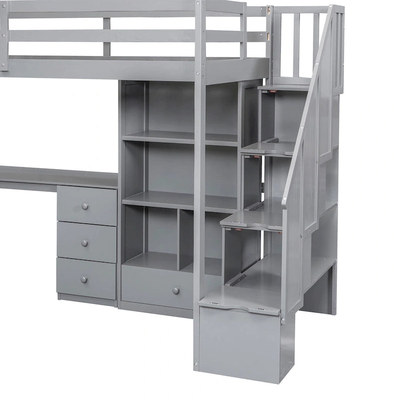 Lit mezzanine double avec bureau en L, tiroirs, armoire de rangement et escalier gris et blanc