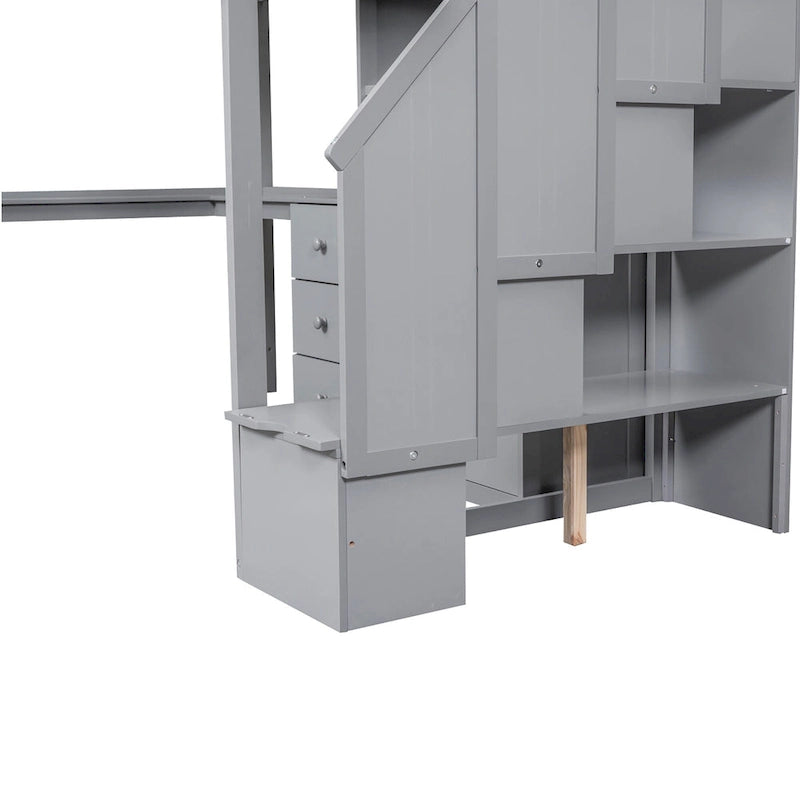 Lit mezzanine double avec bureau en L, tiroirs, armoire de rangement et escalier gris et blanc