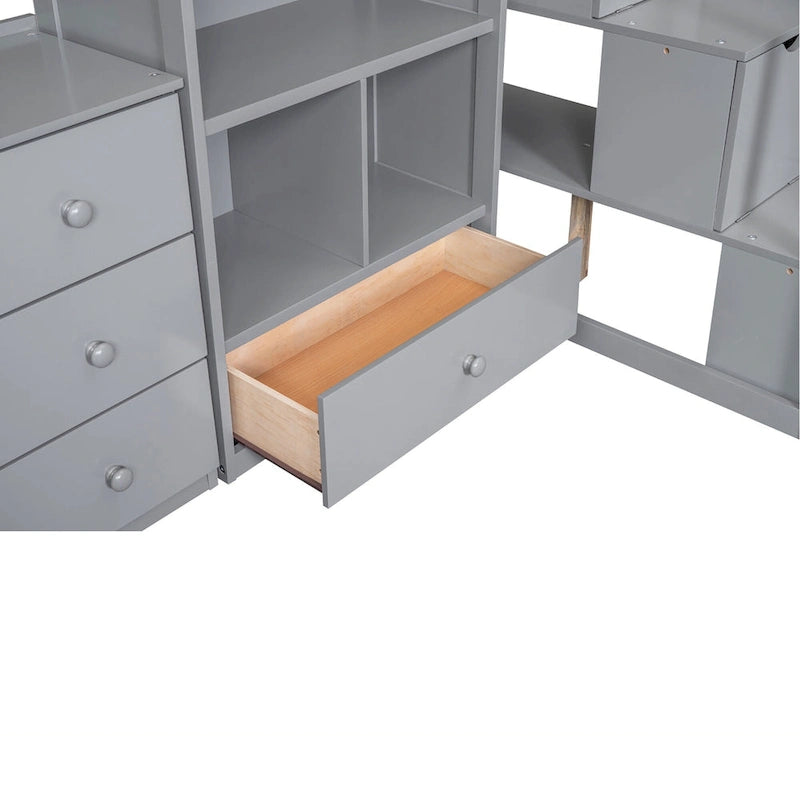 Lit mezzanine double avec bureau en L, tiroirs, armoire de rangement et escalier gris et blanc