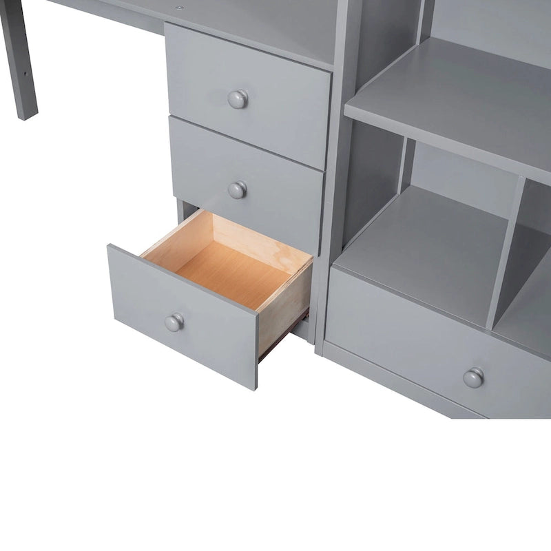 Lit mezzanine double avec bureau en L, tiroirs, armoire de rangement et escalier gris et blanc