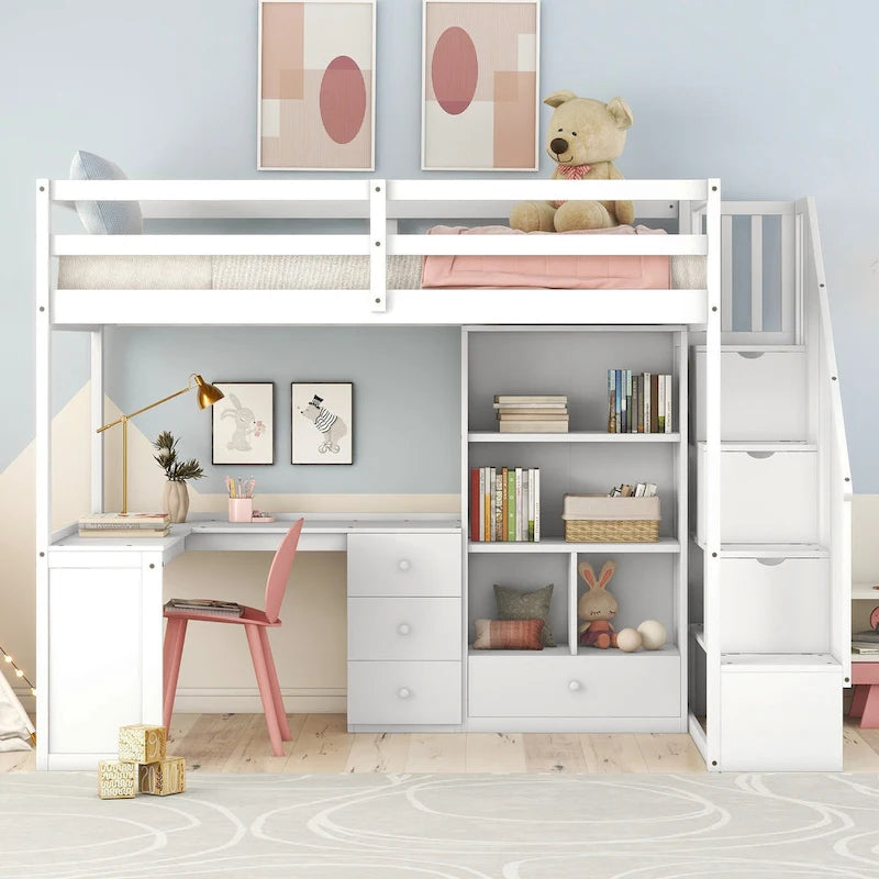 Lit mezzanine double avec bureau en L, tiroirs, armoire de rangement et escalier gris et blanc
