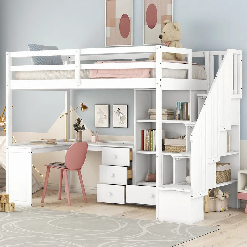 Lit mezzanine double avec bureau en L, tiroirs, armoire de rangement et escalier gris et blanc
