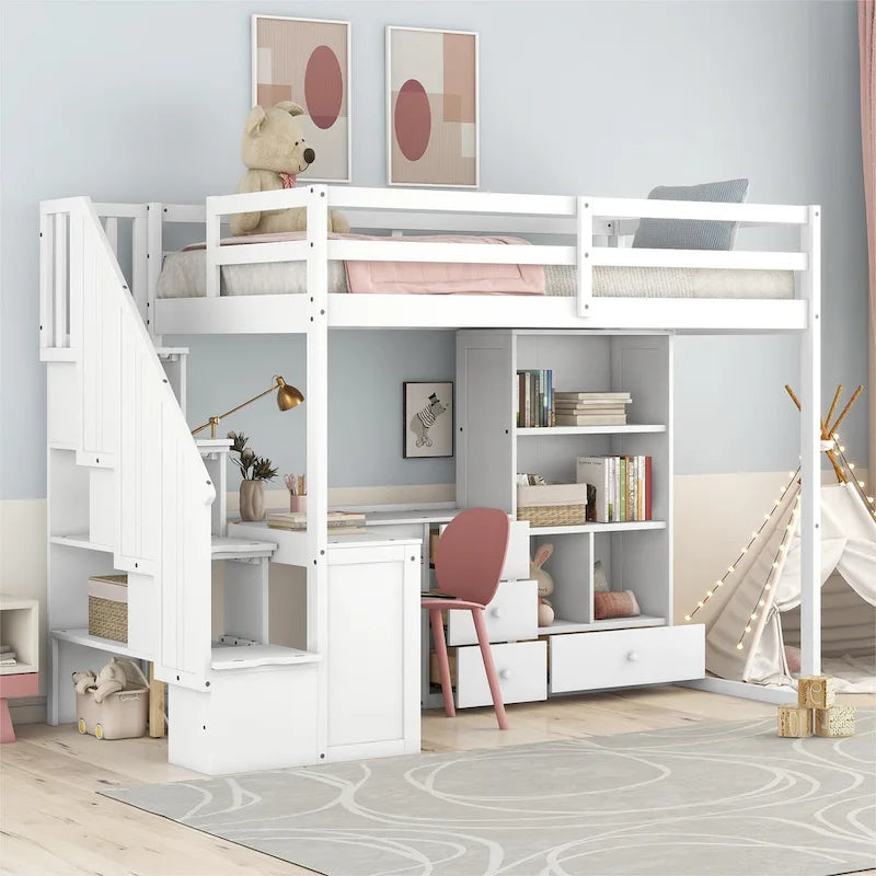 Lit mezzanine double avec bureau en L, tiroirs, armoire de rangement et escalier gris et blanc
