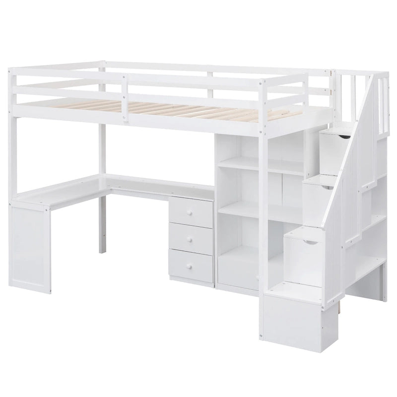 Lit mezzanine double avec bureau en L, tiroirs, armoire de rangement et escalier gris et blanc