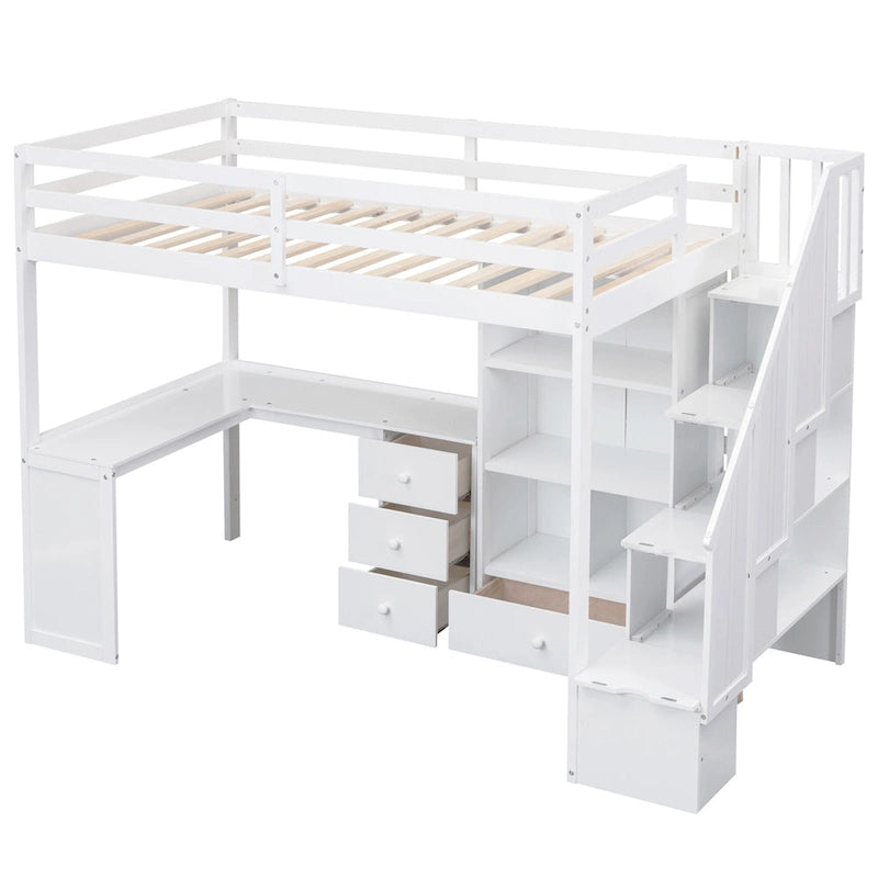 Lit mezzanine double avec bureau en L, tiroirs, armoire de rangement et escalier gris et blanc