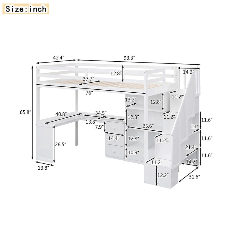 Lit mezzanine double avec bureau en L, tiroirs, armoire de rangement et escalier gris et blanc