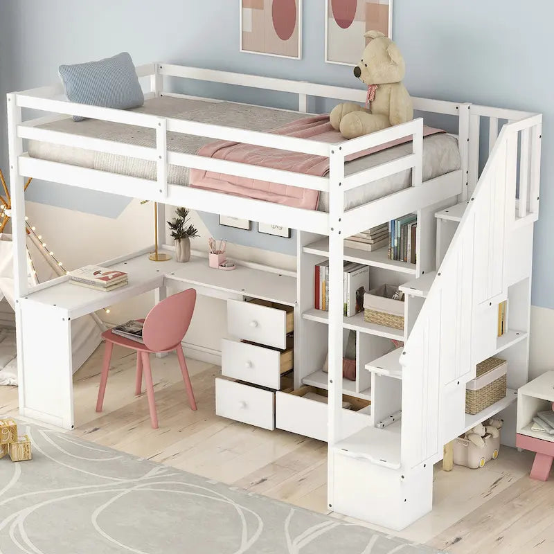 Lit mezzanine double avec bureau en L, tiroirs, armoire de rangement et escalier gris et blanc