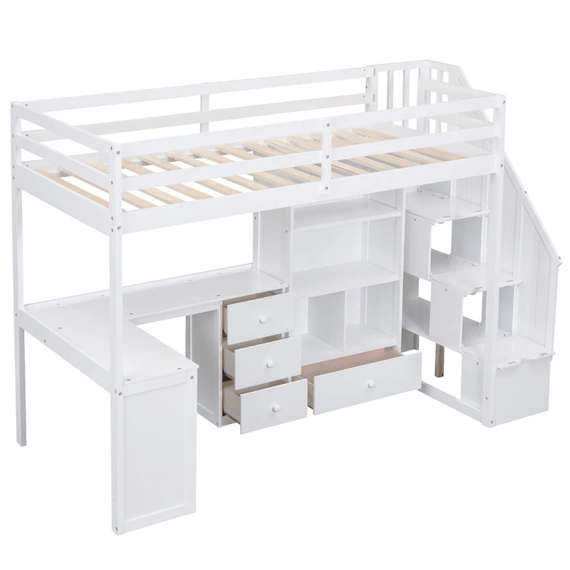 Lit mezzanine double avec bureau en L, tiroirs, armoire de rangement et escalier gris et blanc