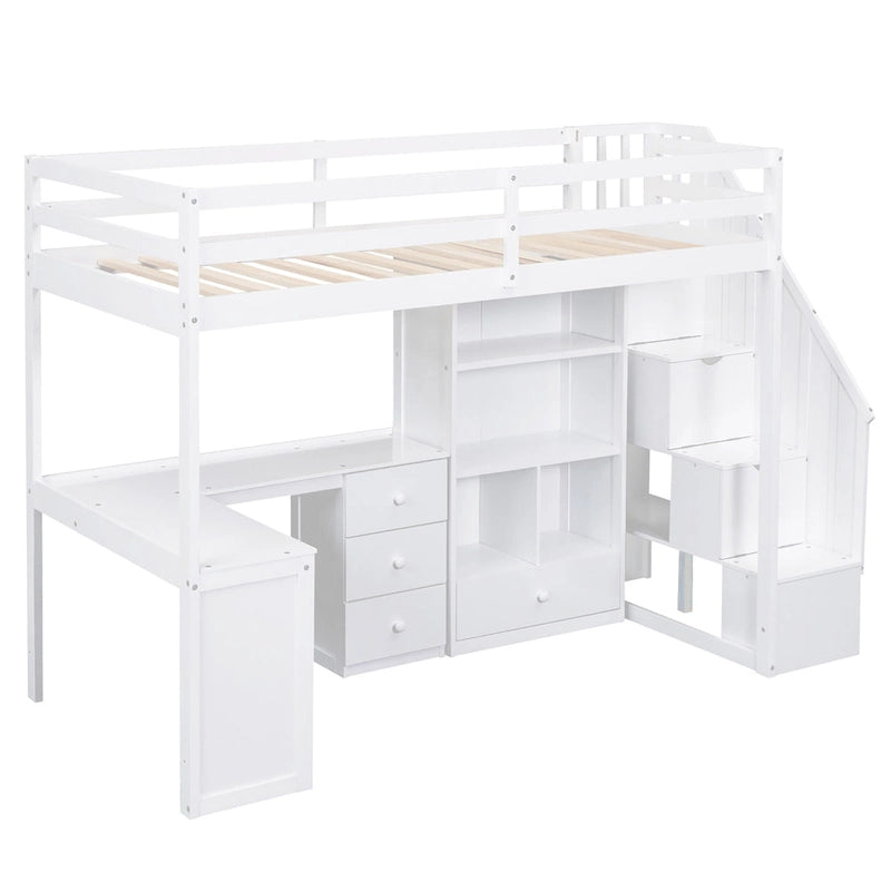 Lit mezzanine double avec bureau en L, tiroirs, armoire de rangement et escalier gris et blanc
