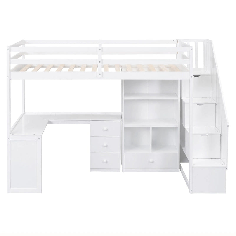 Lit mezzanine double avec bureau en L, tiroirs, armoire de rangement et escalier gris et blanc