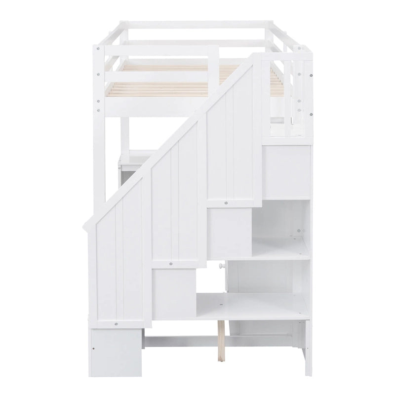 Lit mezzanine double avec bureau en L, tiroirs, armoire de rangement et escalier gris et blanc