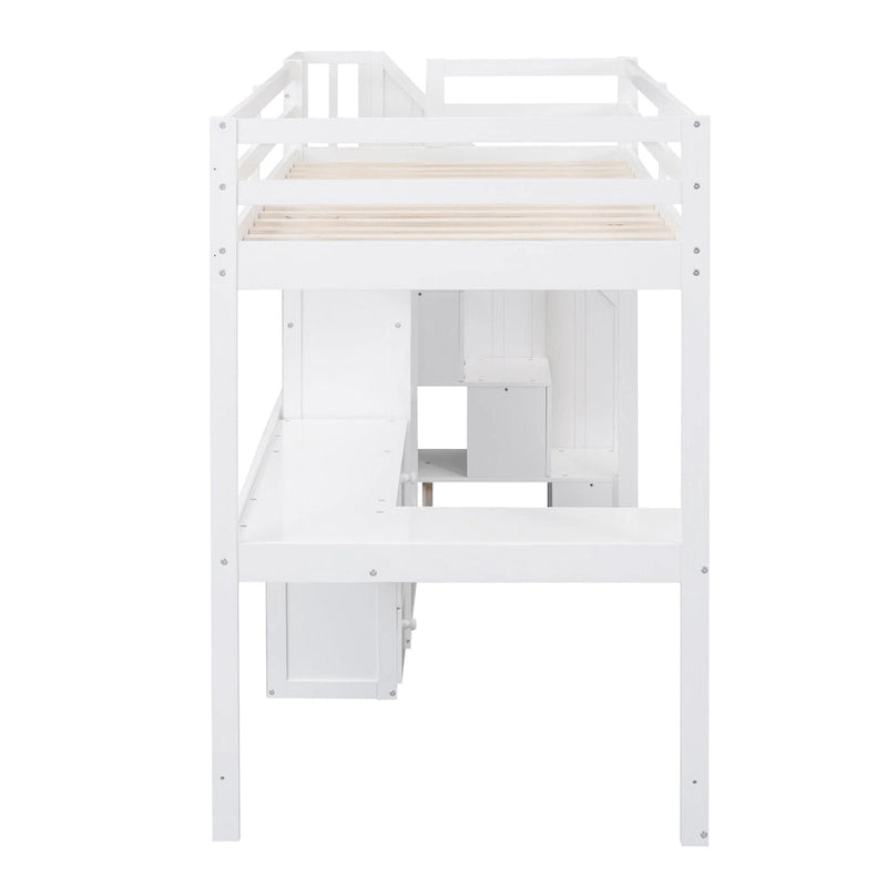 Lit mezzanine double avec bureau en L, tiroirs, armoire de rangement et escalier gris et blanc