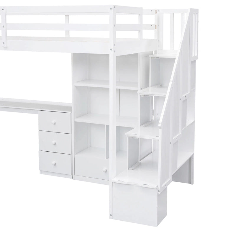 Lit mezzanine double avec bureau en L, tiroirs, armoire de rangement et escalier gris et blanc