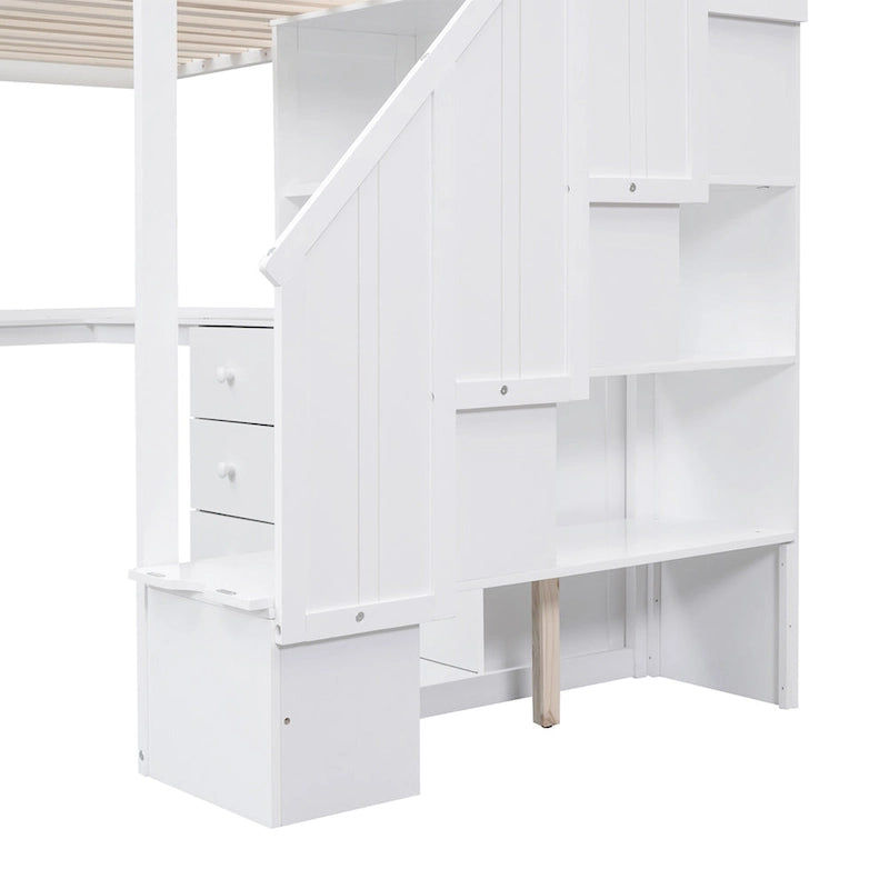 Lit mezzanine double avec bureau en L, tiroirs, armoire de rangement et escalier gris et blanc