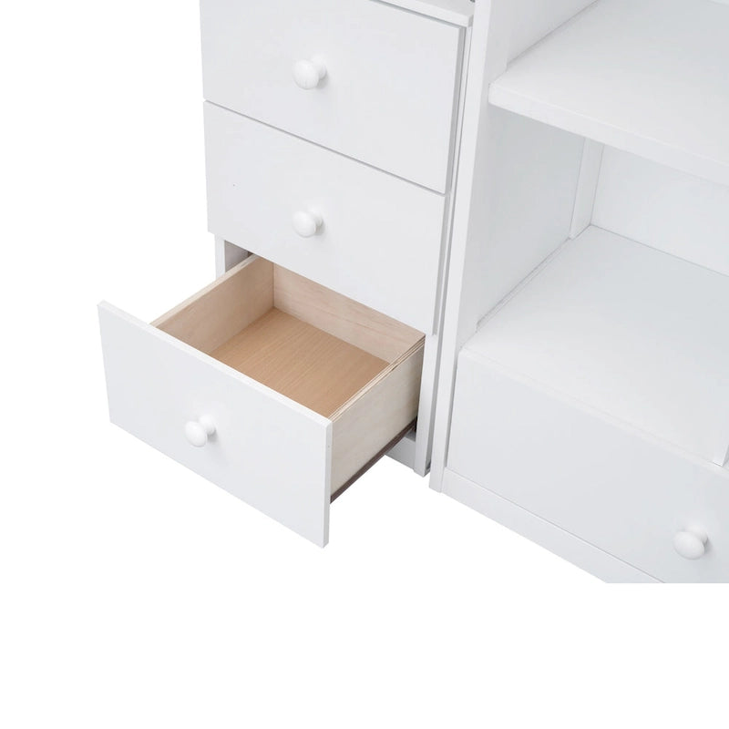 Lit mezzanine double avec bureau en L, tiroirs, armoire de rangement et escalier gris et blanc