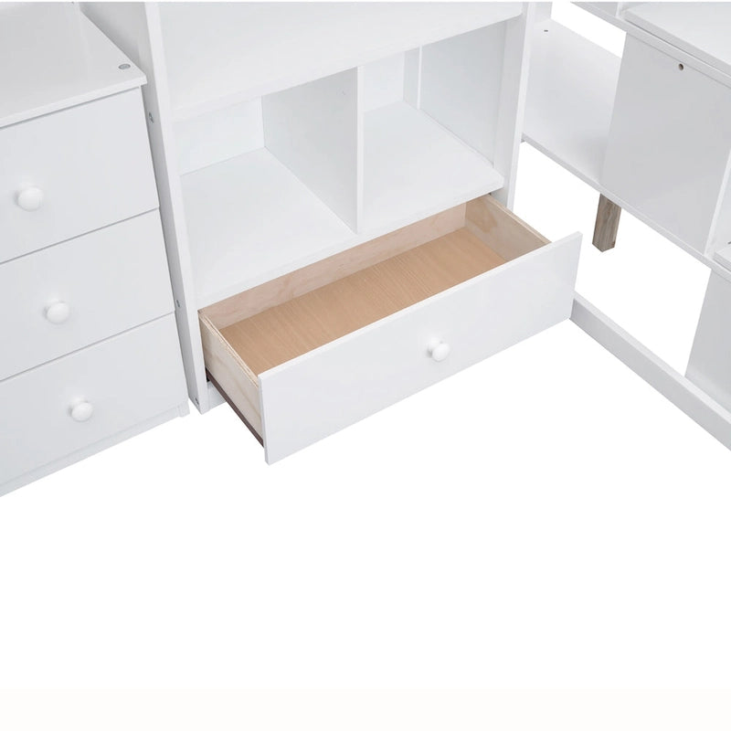 Lit mezzanine double avec bureau en L, tiroirs, armoire de rangement et escalier gris et blanc