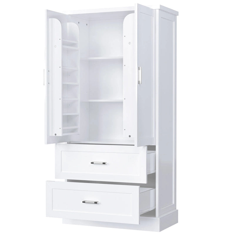 Armoire haute de rangement blanche avec deux portes et deux tiroirs