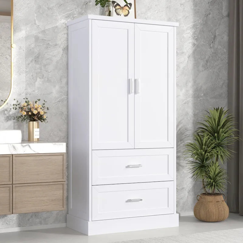 Armoire haute de rangement blanche avec deux portes et deux tiroirs