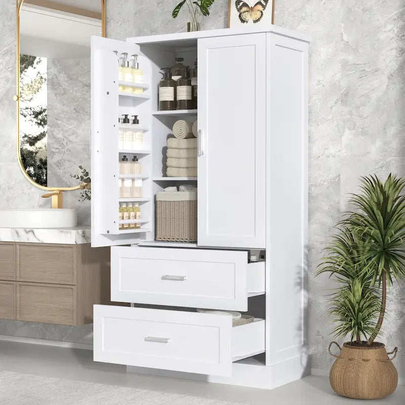 Armoire haute de rangement blanche avec deux portes et deux tiroirs